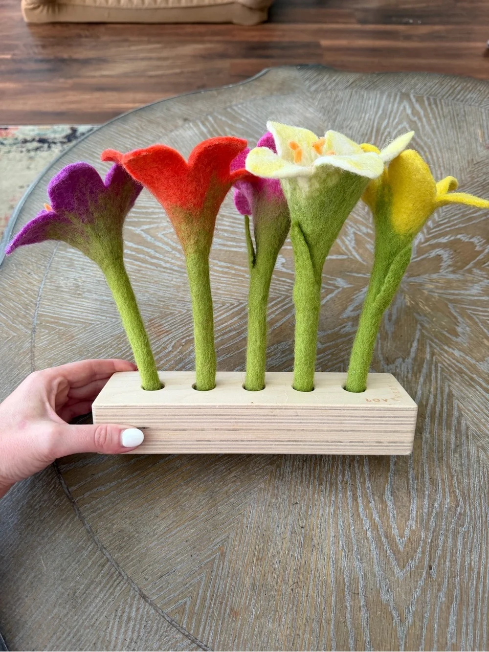 Lovevery felt flowers in a row Flower Stems in Wooden Block Vase